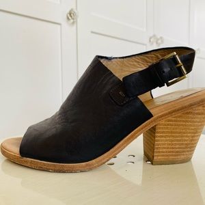 Eileen Fisher leather stacked heel sandal